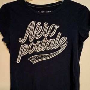 Aeropostale Logo Tee Size LG Navy Blue Silver Glitter Gems Short Sleeve T Shirt